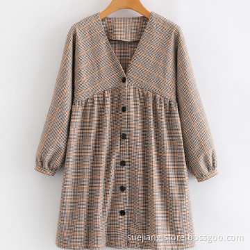 Vestido xadrez com decote em V casual fofo estudante de mangas compridas